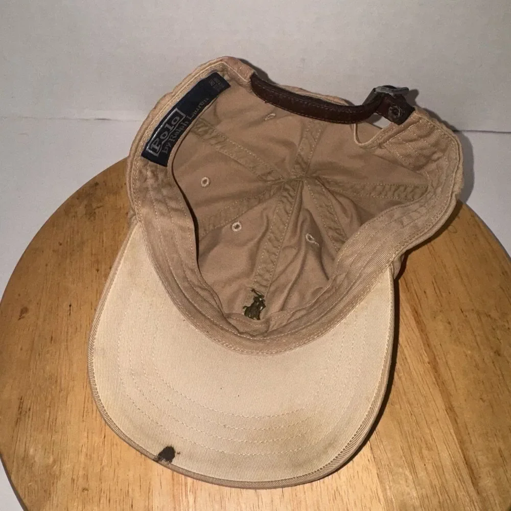 Polo Ralph Lauren Khaki Leather Strap Dad Hat Pony Logo Baseball Cap OSFA